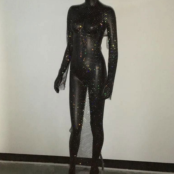 🆕 LISTING!! BNWOT CRYSTAL RHINESTONE OPEN FISHNET MAXI DRESS - Picture 8 of 9